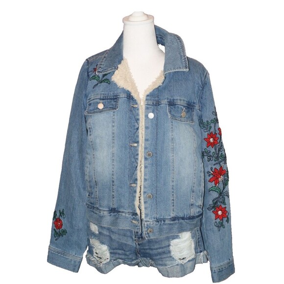 Women’s Jolt Jeans Embroidered Shearling Denim Button Jean Jacket Size Med - Picture 2 of 16